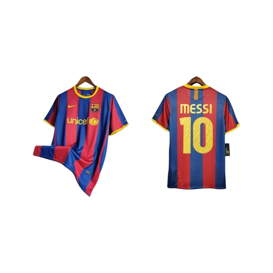 Two views of a soccer jersey with 'Messi' and number '10' on a white background