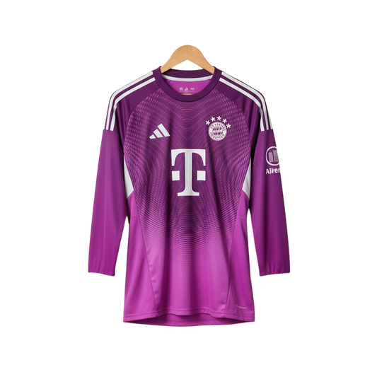 Purple soccer goalkeeper jersey with Adidas logo on a hanger against a white background