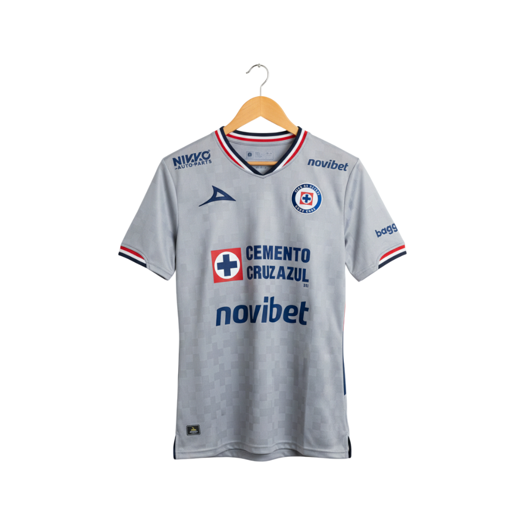 Gray sports jersey with multiple brand logos on a hanger against a white background