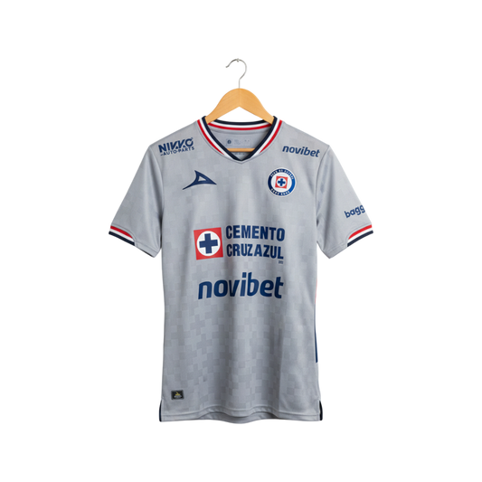 Gray sports jersey with multiple brand logos on a hanger against a white background