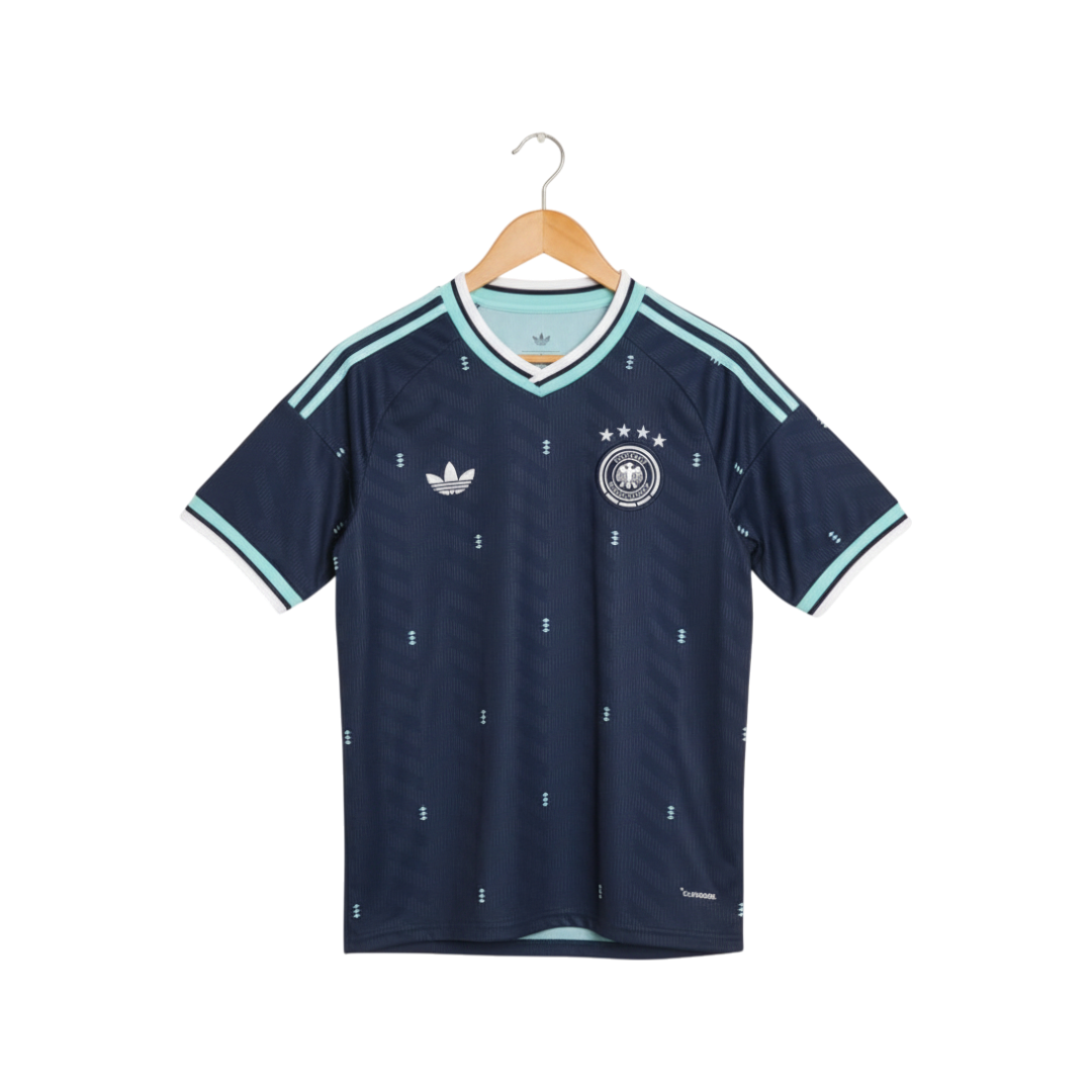 Navy blue sports jersey with white and light blue accents on a wooden hanger against a white background