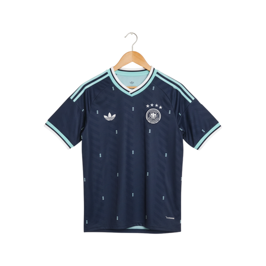 Navy blue sports jersey with white and light blue accents on a wooden hanger against a white background