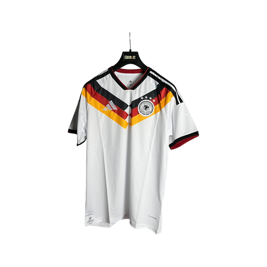 White sports jersey with black, red, and yellow design on a hanger against a white background