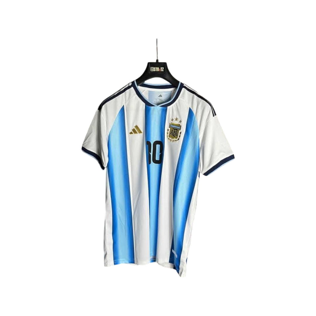 White sports jersey with blue and red stripes on a hanger against a white background