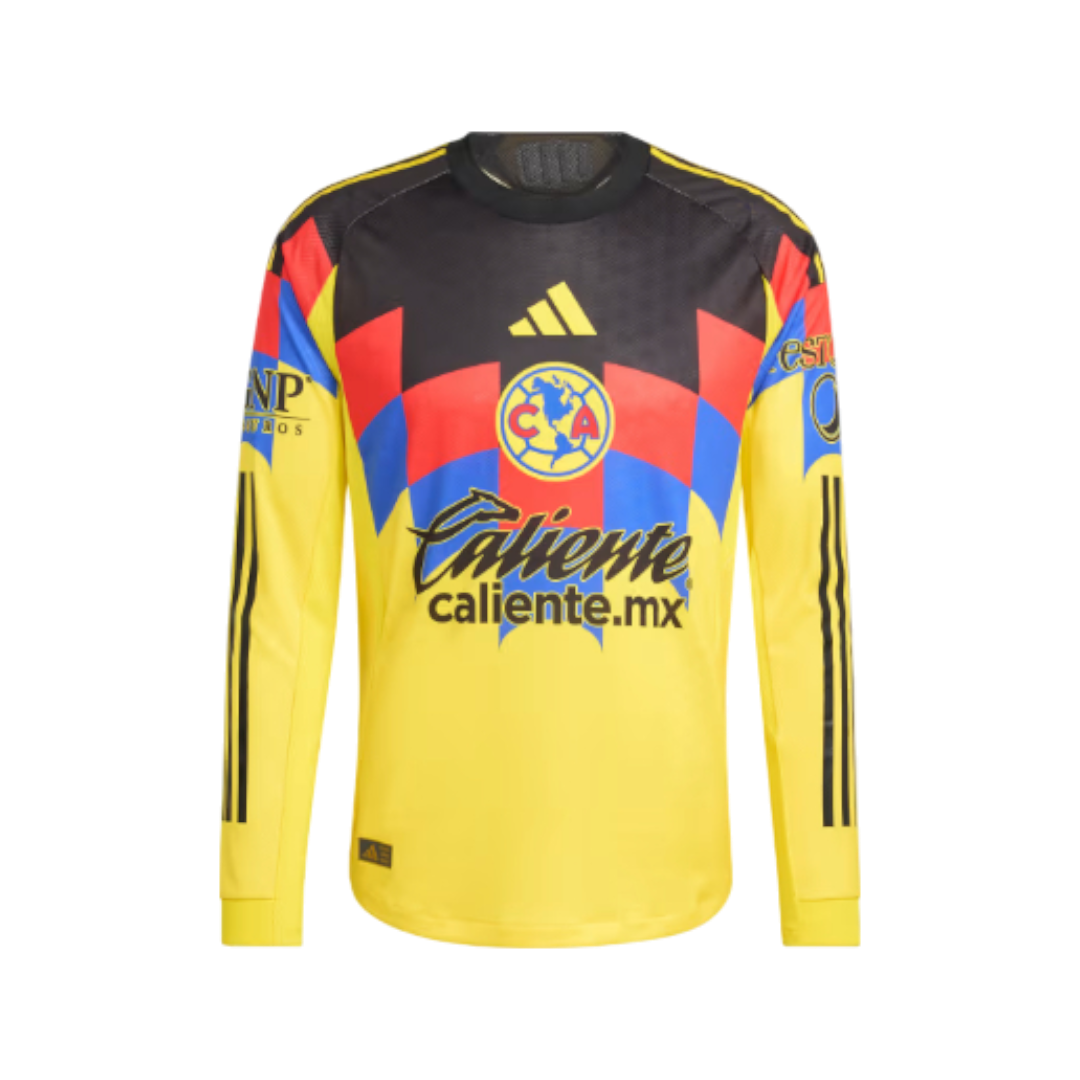 Soccer jersey with colorful design and brand logos on a white background