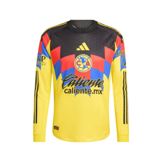 Soccer jersey with colorful design and brand logos on a white background