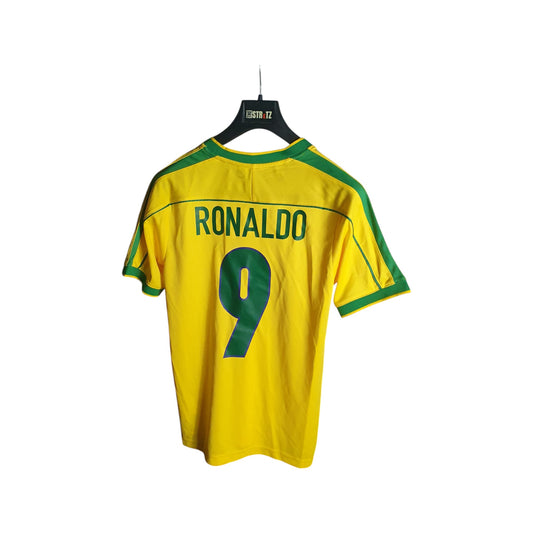 Brazil football jersey with 'RONALDO' and number '9' on a hanger against a white background