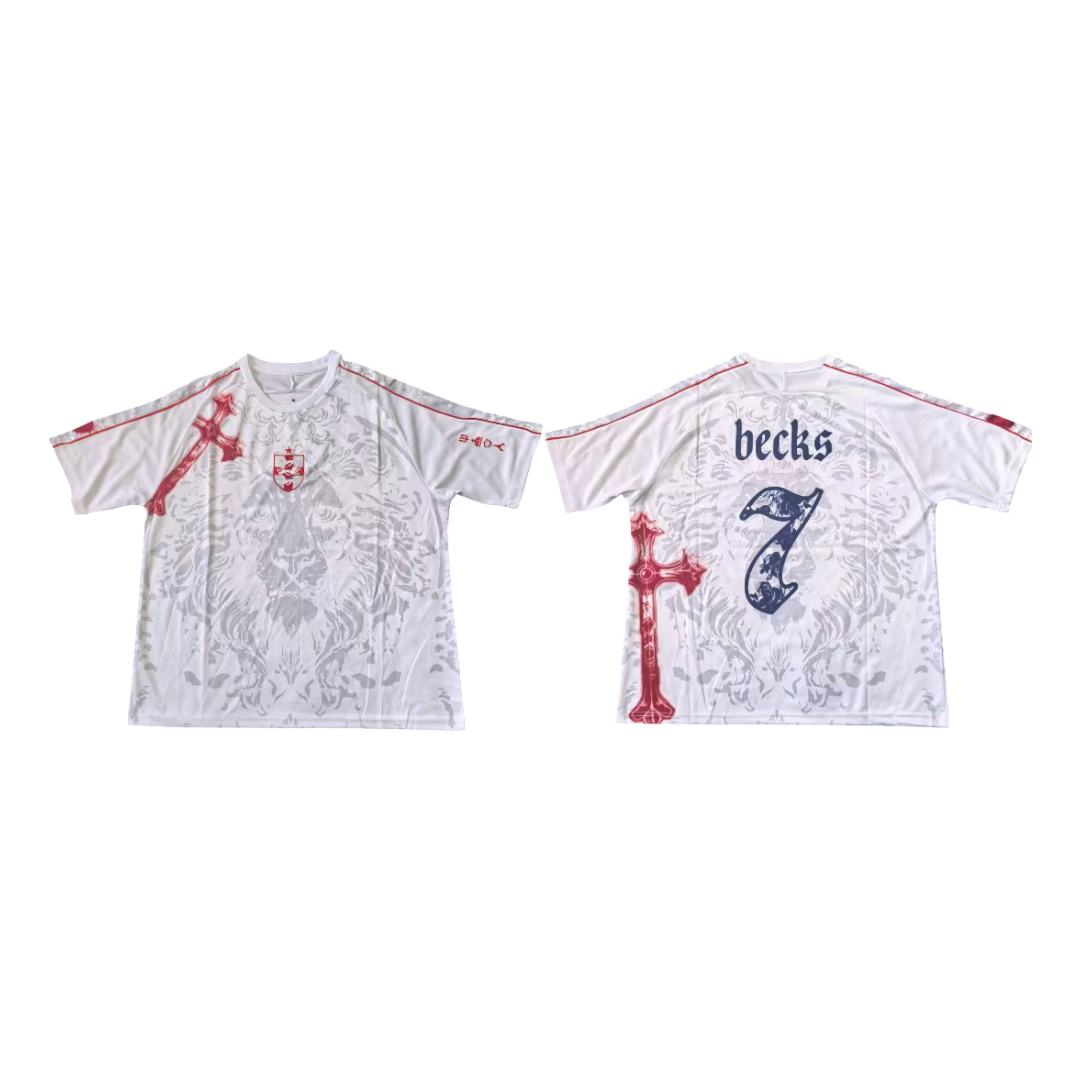 White t-shirt with red and blue graphics and 'becks' text on a white background