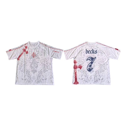 White t-shirt with red and blue graphics and 'becks' text on a white background