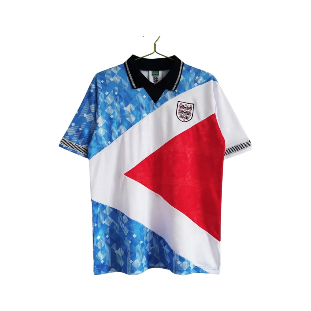 Soccer jersey with blue, white, and red design on a hanger against a white background