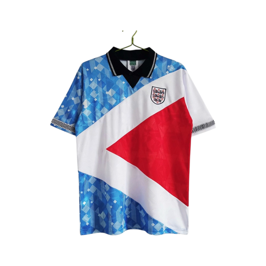 Soccer jersey with blue, white, and red design on a hanger against a white background