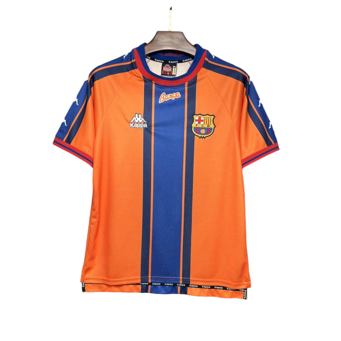 FC Barcelona 1997/1998 Away Jersey featuring orange and blue colors with vertical stripes, short sleeves, and FC Barcelona club crest on the chest.