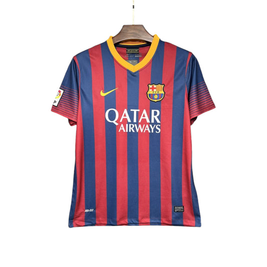 FC Barcelona 2013/2014 Home Jersey, with vertical red and blue stripes, the club's crest, and Qatar Airways sponsorship logo
