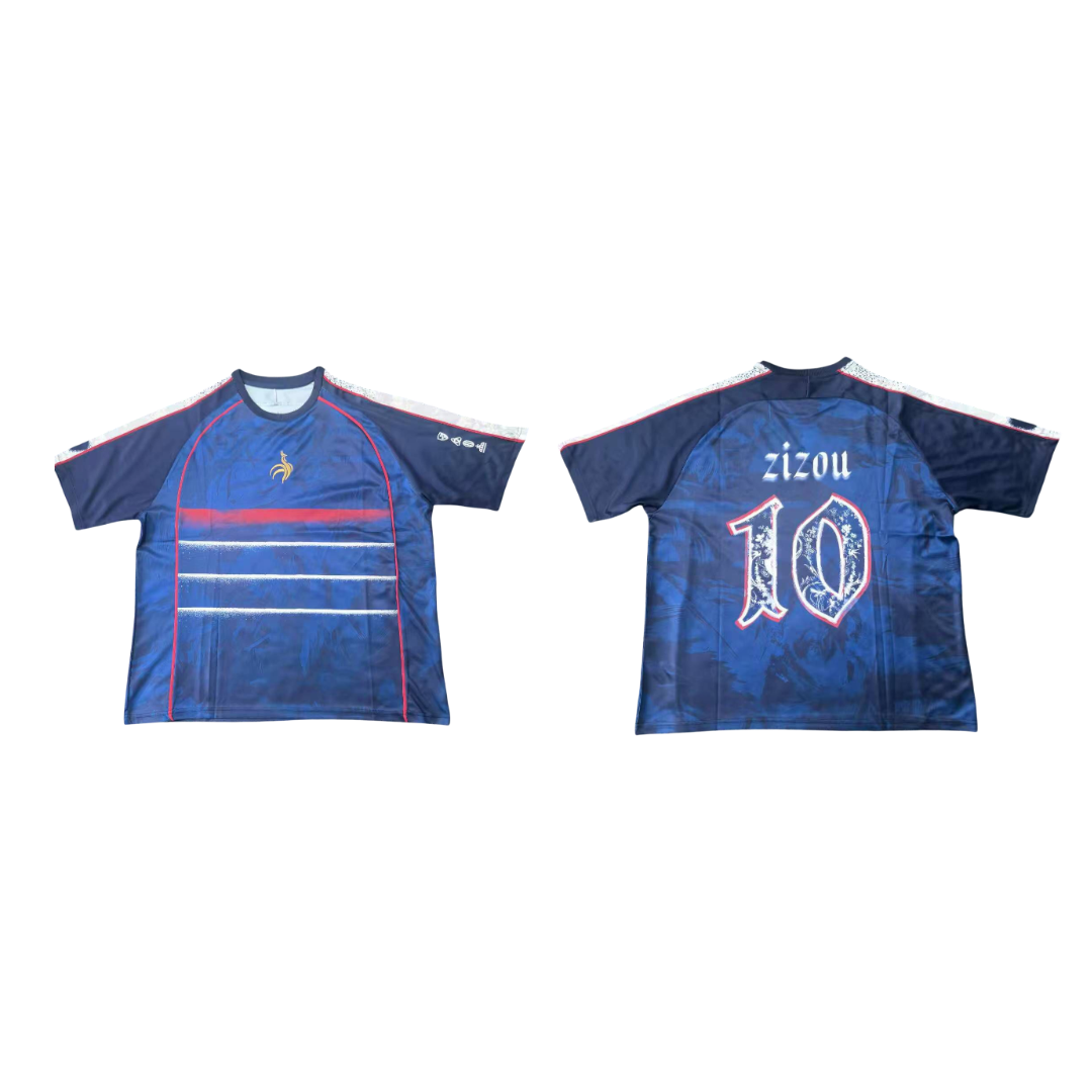 Blue sports jersey with red and white accents on a white background