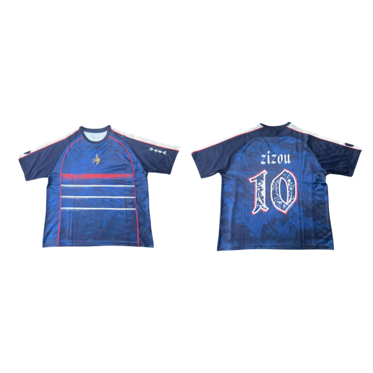 Blue sports jersey with red and white accents on a white background