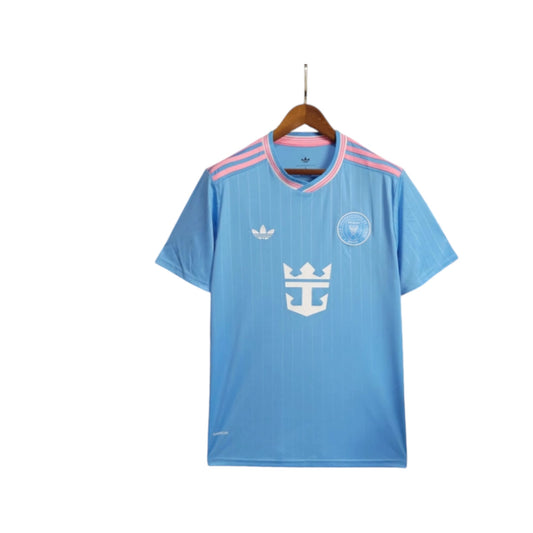 Blue sports jersey with pink stripes on a hanger against a white background