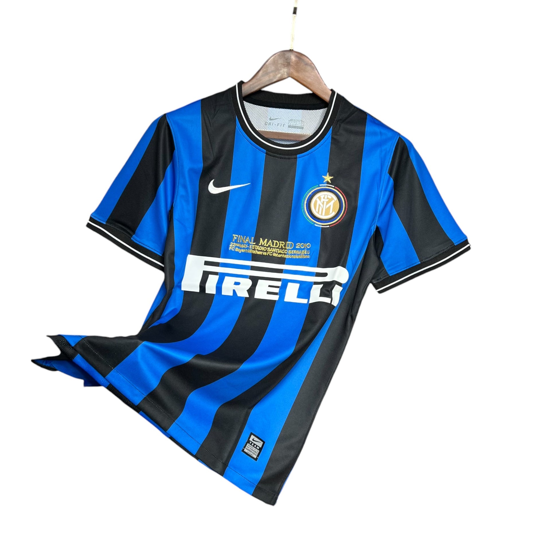 Inter Milan 2009/2010 Home Jersey, with blue and black stripes, displayed on a wooden hanger.