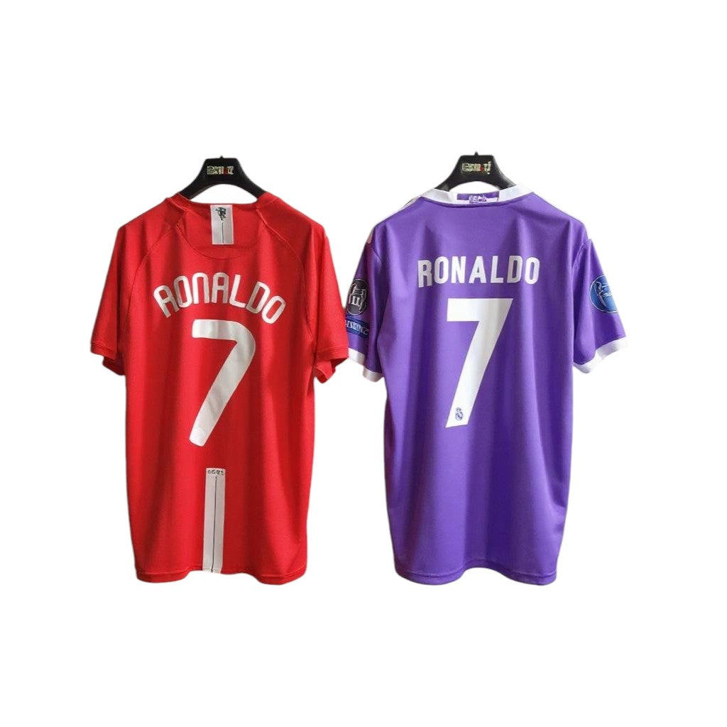 Red and purple sports jerseys with 'RONALDO' and number '7' on hangers against a white background