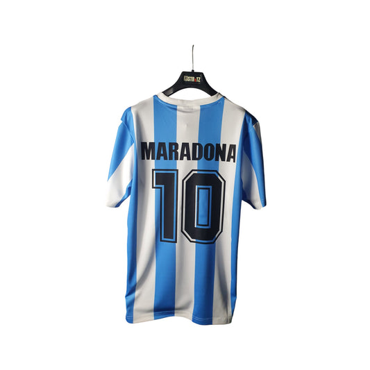 Argentina Home Blue and white striped sports jersey with 'Maradona' and number '10' on a hanger against a white background