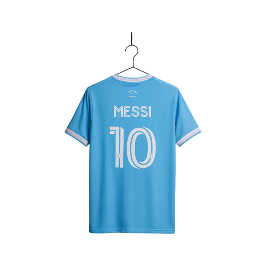 Blue sports jersey with 'Messi 10' on a hanger against a white background