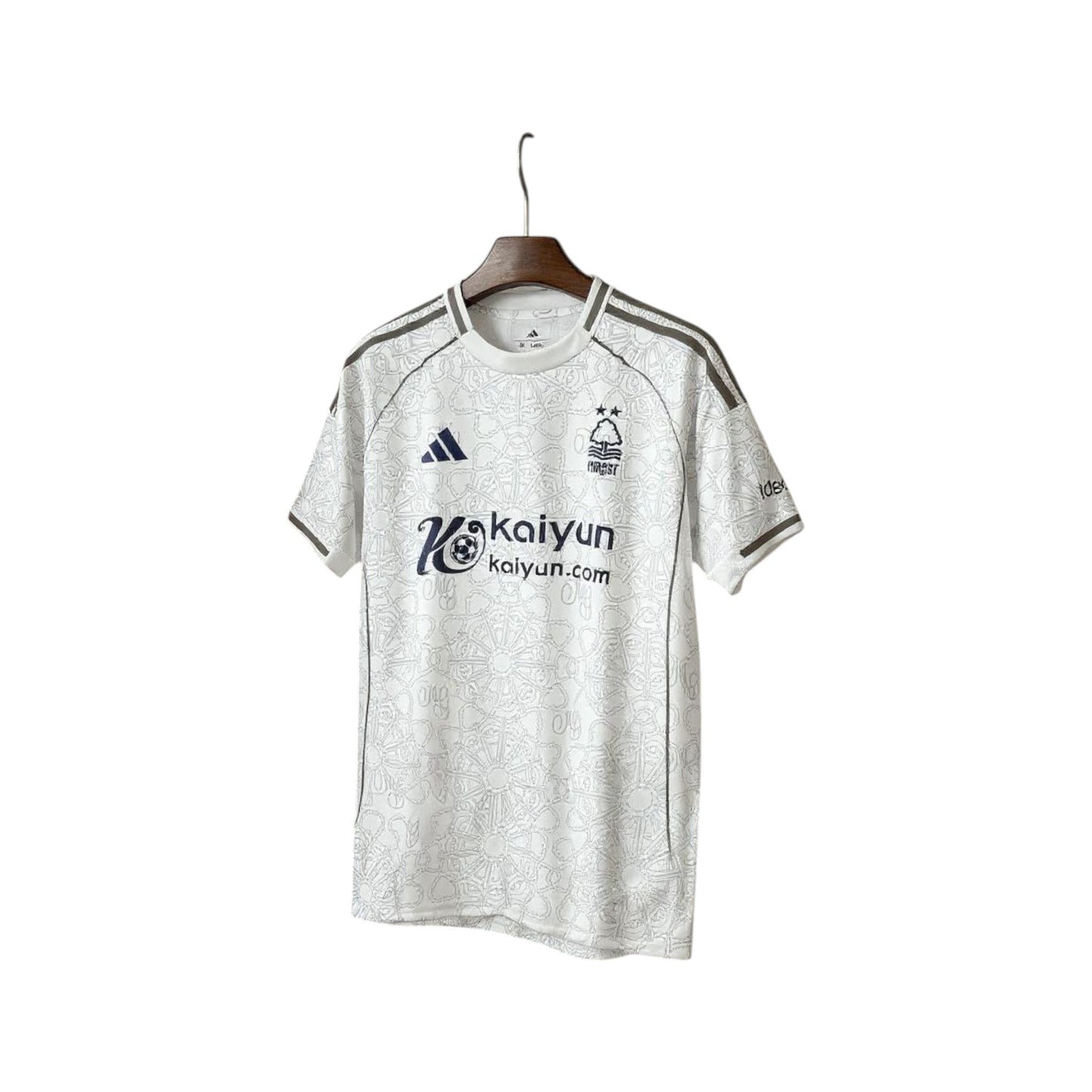 White sports jersey with Adidas logo on a hanger against a white background