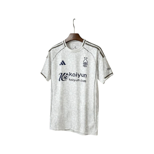 White sports jersey with Adidas logo on a hanger against a white background