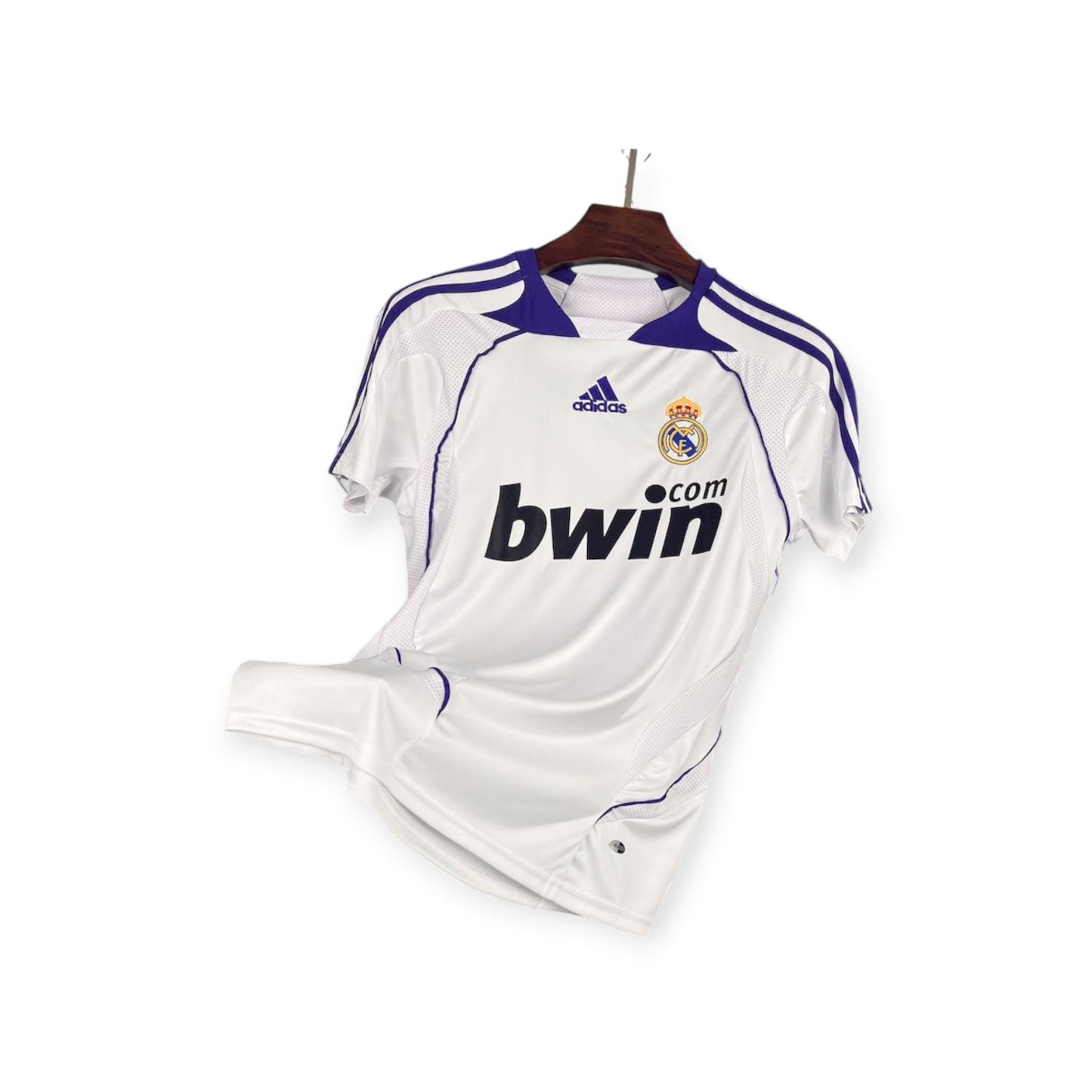 Real Madrid 2007/2008 Home Jersey displayed on a hanger, predominantly white with blue accents and the bwin.com logo.