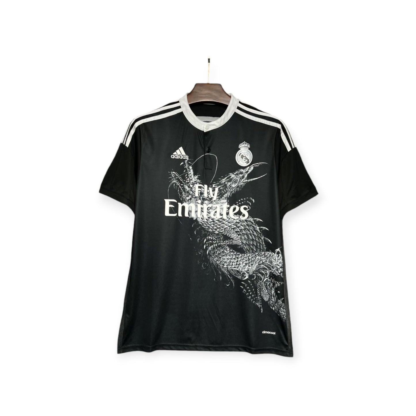 Real Madrid 2014/2015 Away Jersey displayed on a mannequin, featuring a black color scheme with white and grey accents and text.