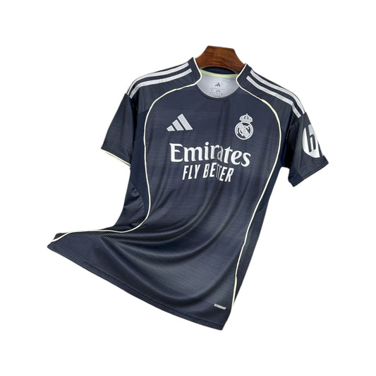 Navy blue sports jersey with white accents on a hanger against a white background