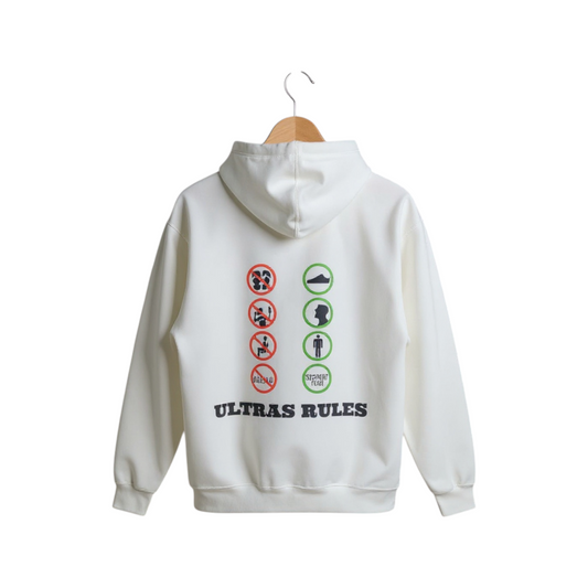 White hoodie with 'Ultras Rules' graphic on a white background