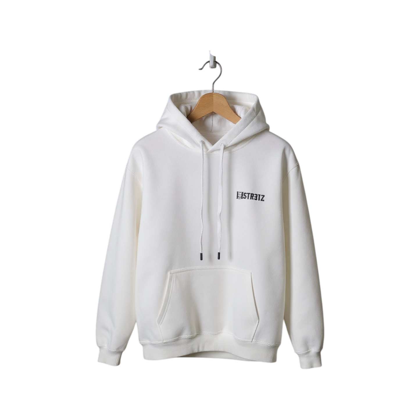 White hoodie with a brand logo on a hanger against a white background
