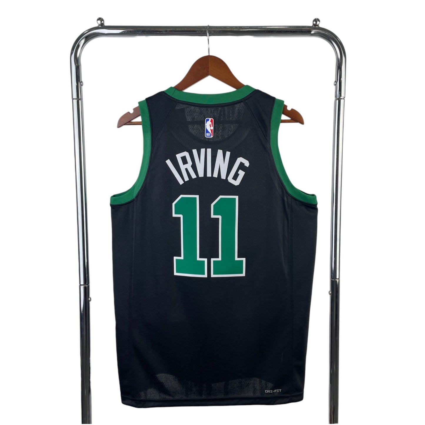 Back view of black Boston Celtics jersey for Kyrie Irving, featuring City edition style.
