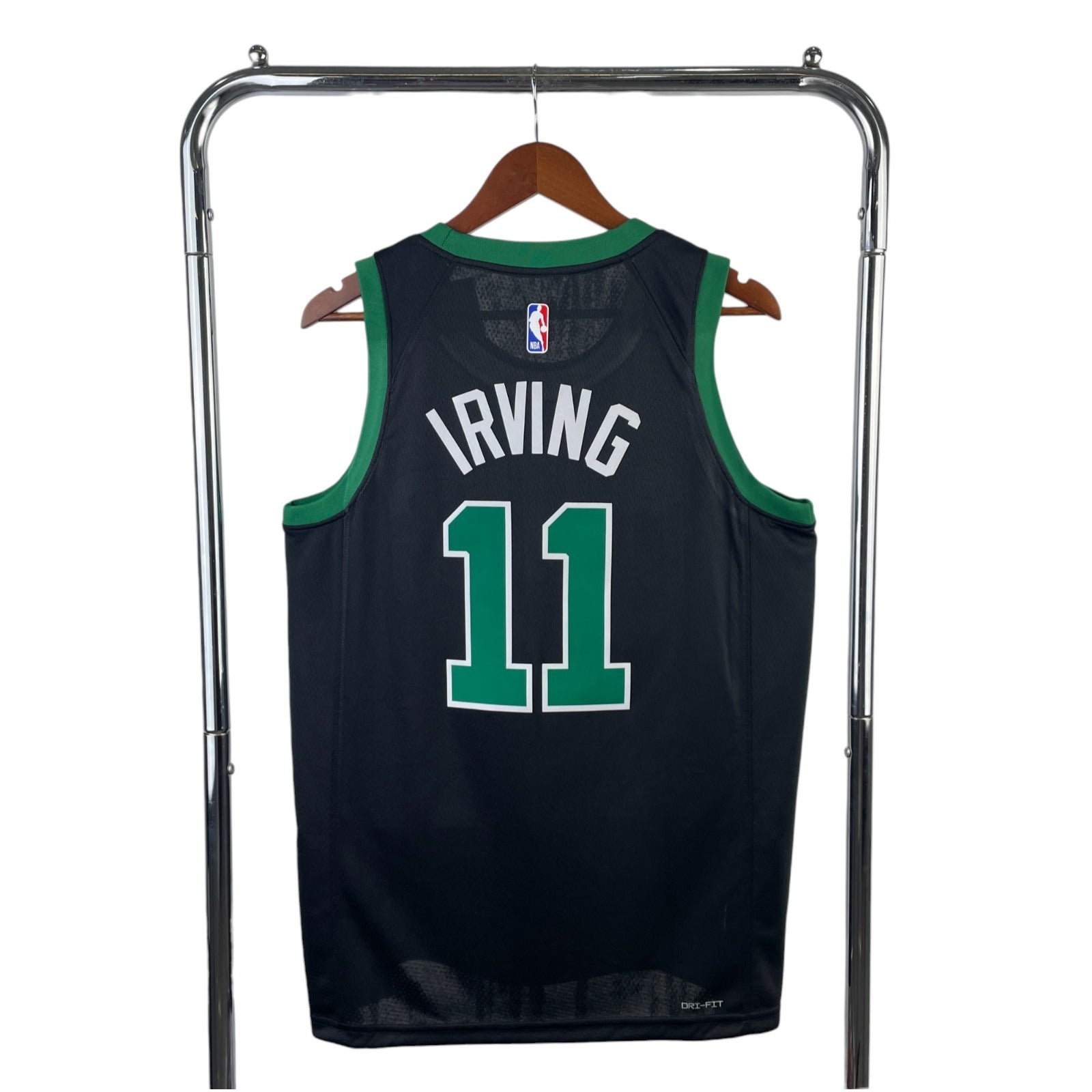 Back view of black Boston Celtics jersey for Kyrie Irving, featuring City edition style.